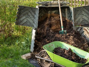 Ein offener Kompost mit einer grünen Mistgabel und einer grünen Schubkarre. | © Gettyimages / hopsalka